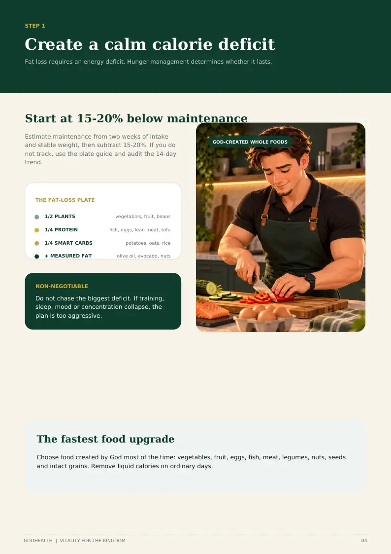 The calm calorie deficit and fat-loss plate page from the real Blueprint
